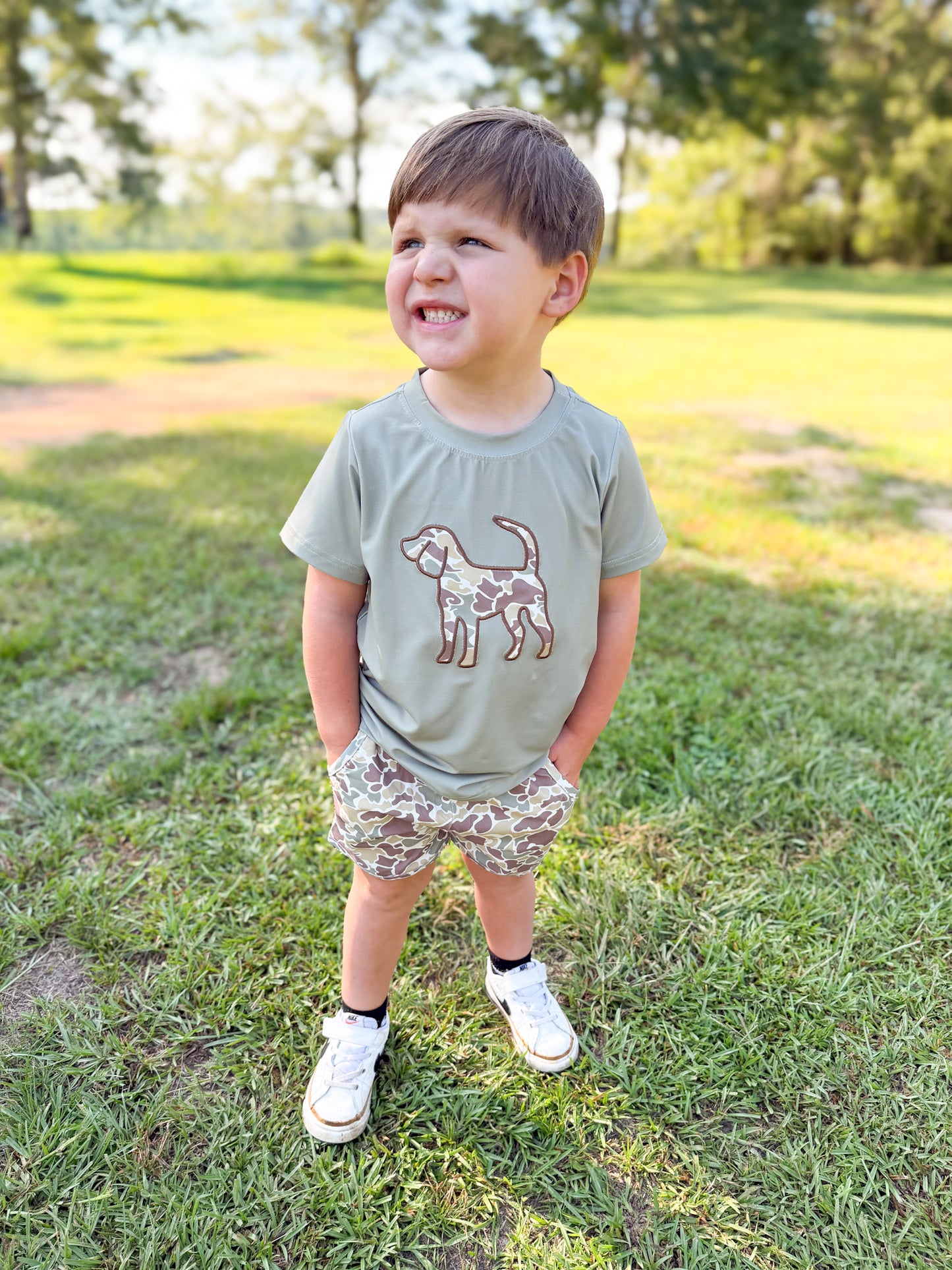 RTS - SUMMER PT 2 - Summer 2 Boys Only - Applique Camo Dog Boy Shortie Set