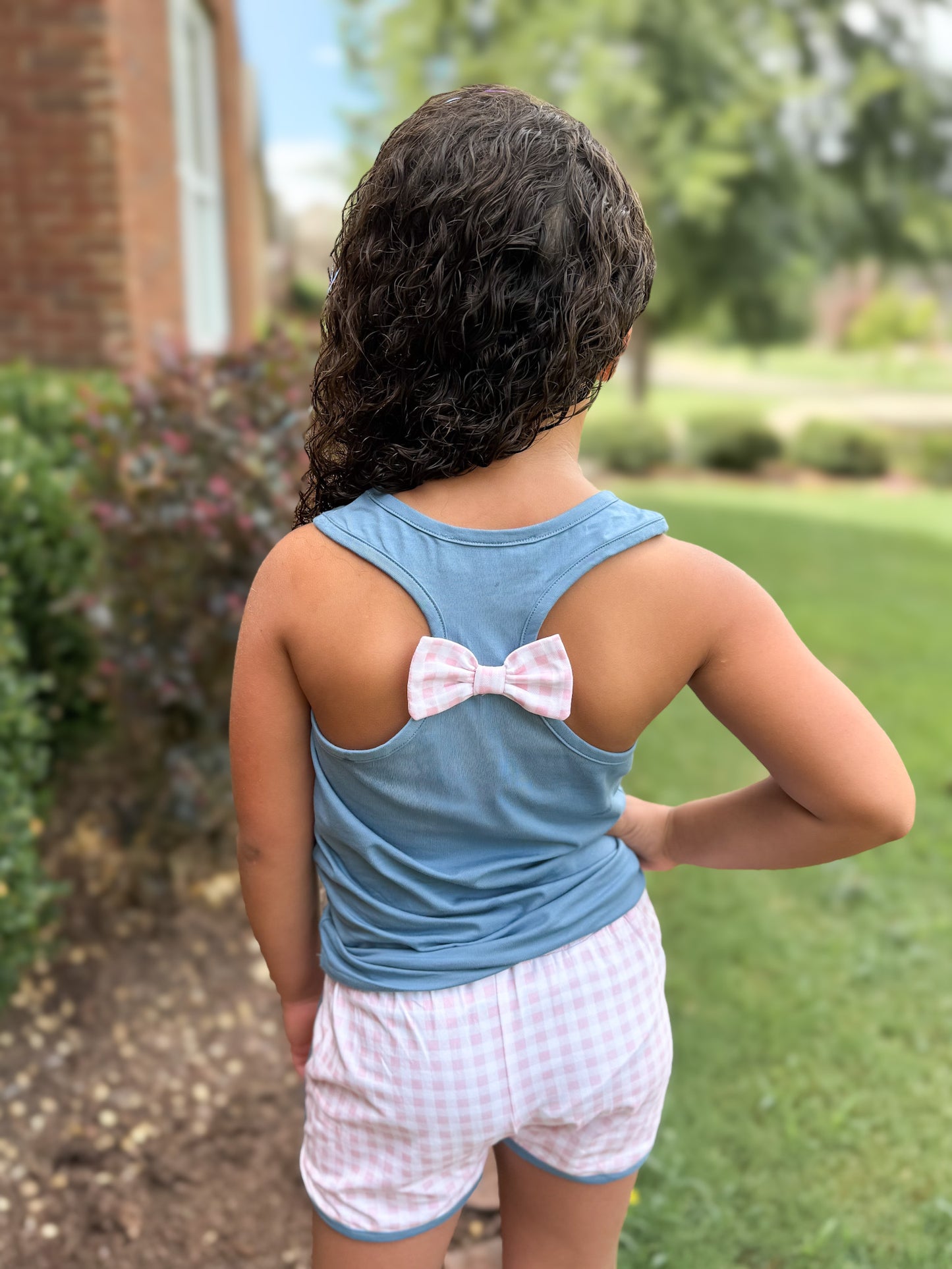 RTS - Summer 2 Girls Only - Bow Back Tank Basics Girl Shortie Set - Stone Blue & Pink