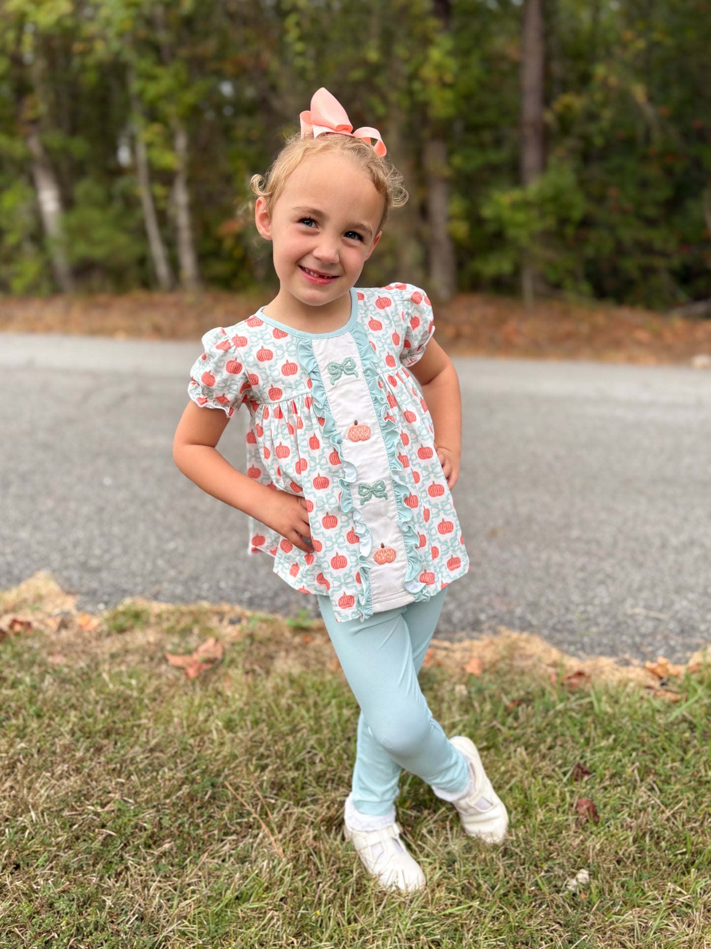 RTS - Preppy Teal Pumpkins Girl Pant Set