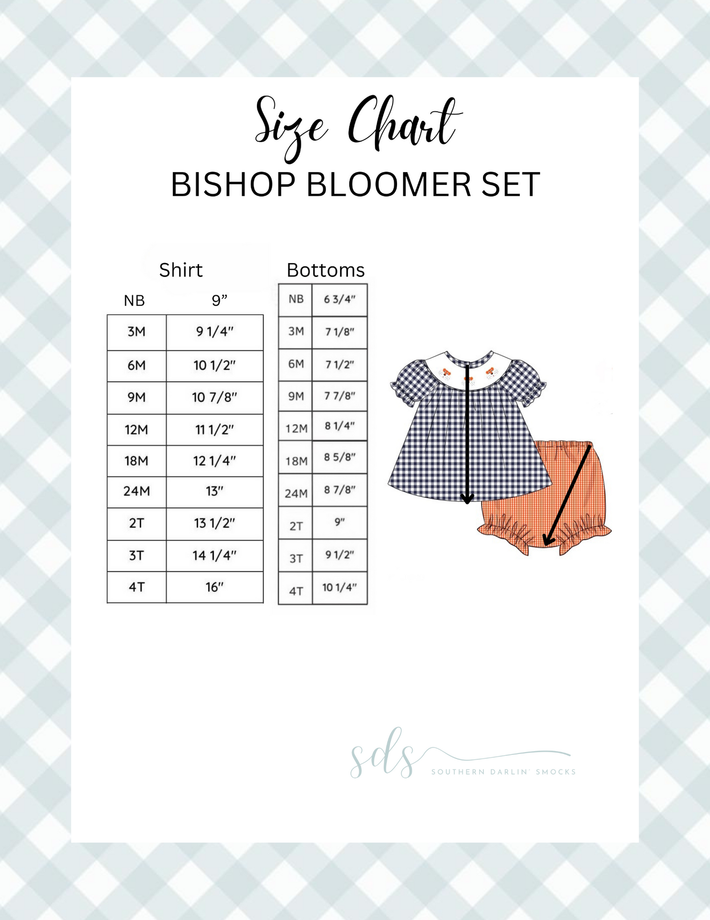 BISHOP BLOOMER SET SIZE CHART