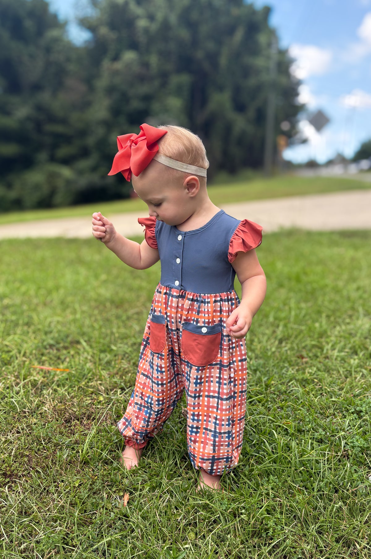 RTS - AUTUMN BASICS - Autumn Basics Girls Only - Navy & Rust Plaid Romper