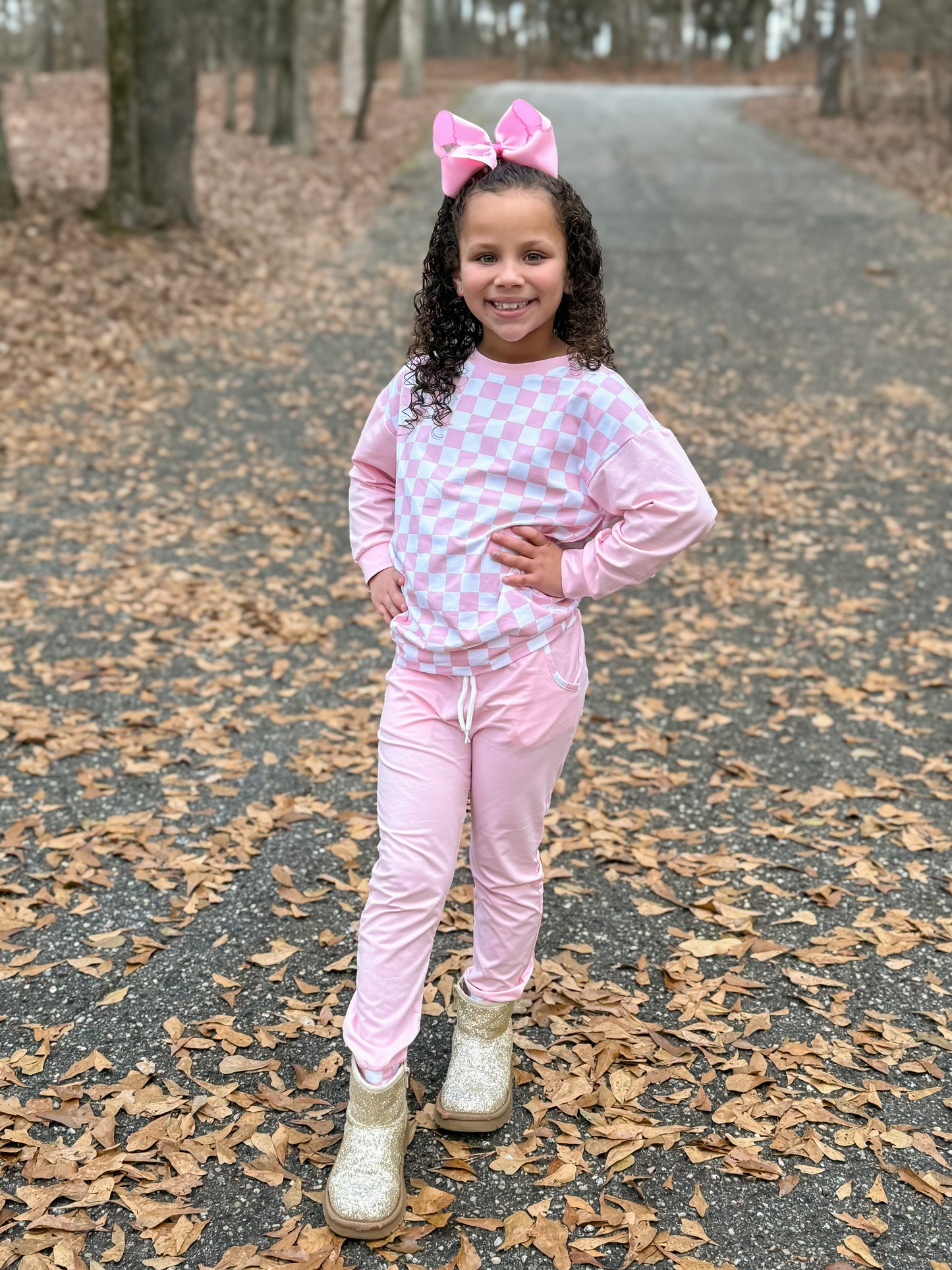 PREORDER 58: WINTER RERUNS - Winter Checkered Basics Girl Jogger Set - Pink