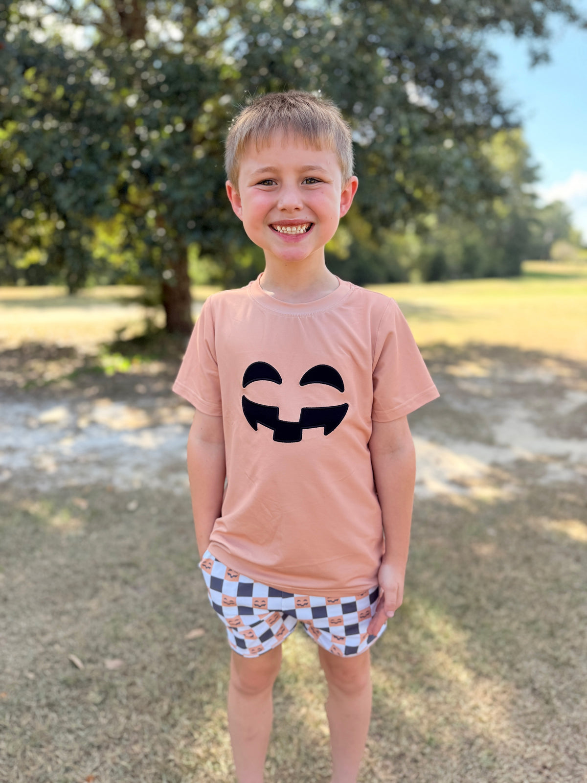 RTS - PUMPKINS & HALLOWEEN - Pumpkins & Halloween Boys Only - Checkered Jack-O-Lantern Boy Shortie Set