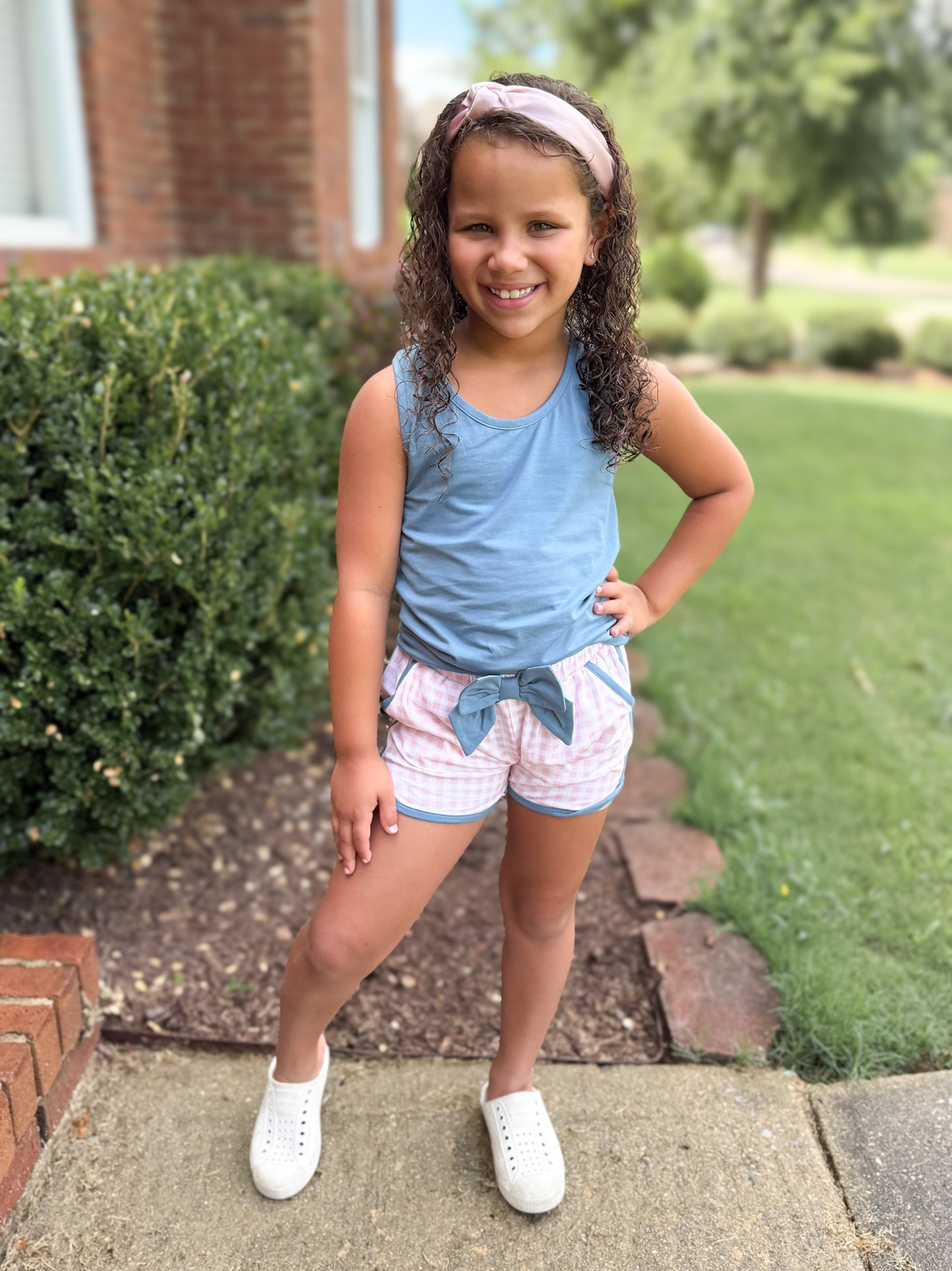 RTS - Summer 2 Girls Only - Bow Back Tank Basics Girl Shortie Set - Stone Blue & Pink