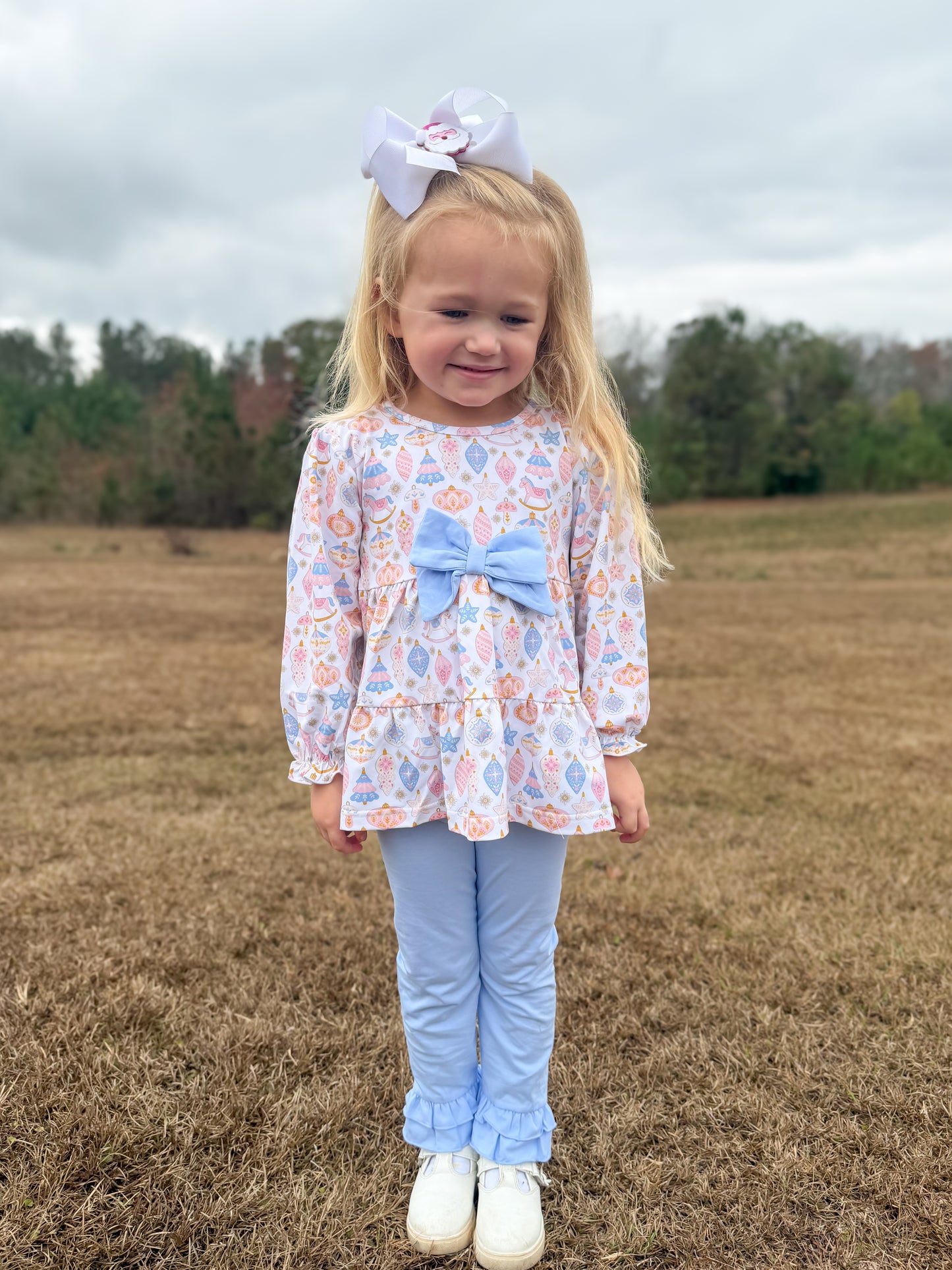 RTS - Christmas Girls Only - Pastel Ornaments Girl Pant Set