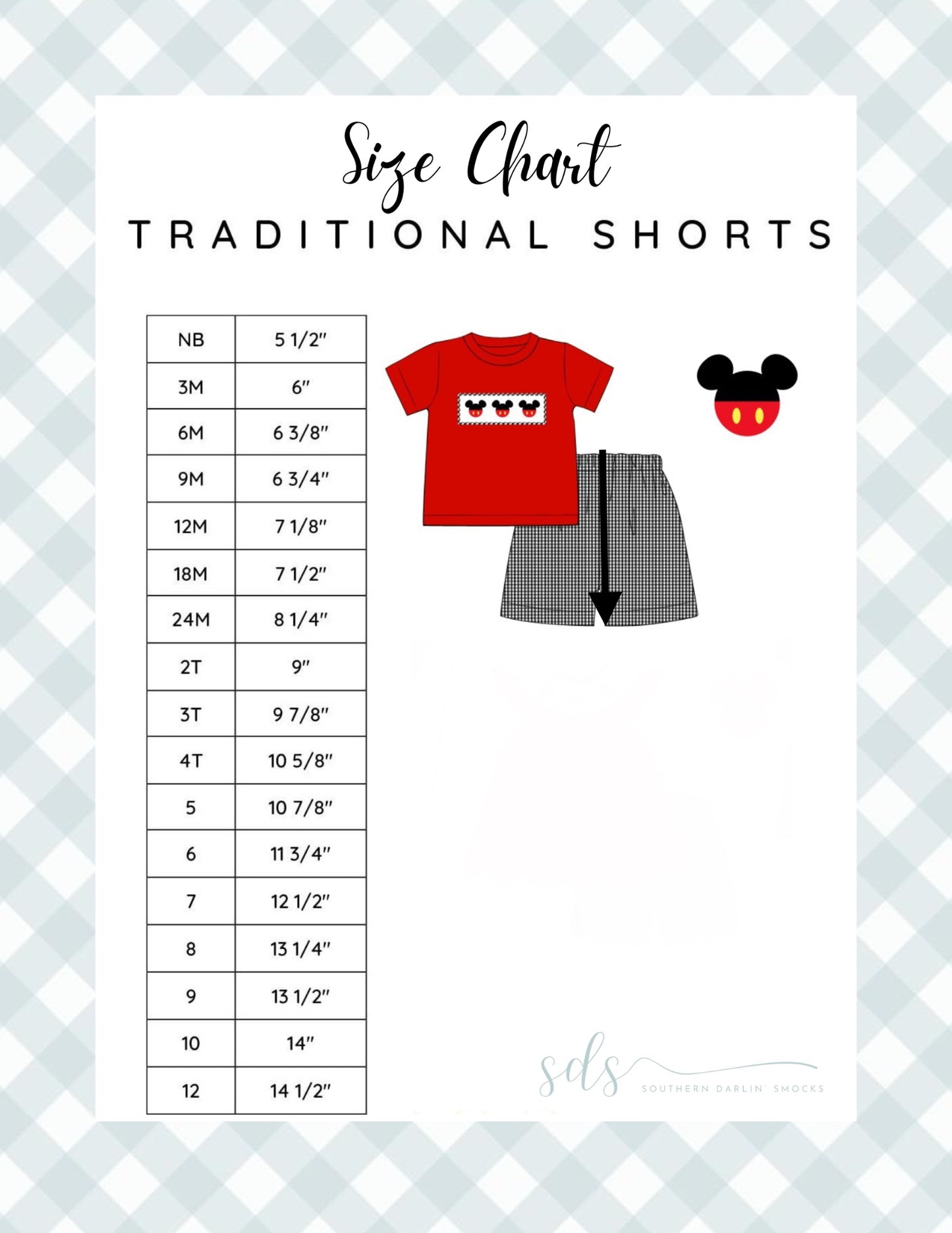 BOY TRADITIONAL SHORTS SIZE CHART