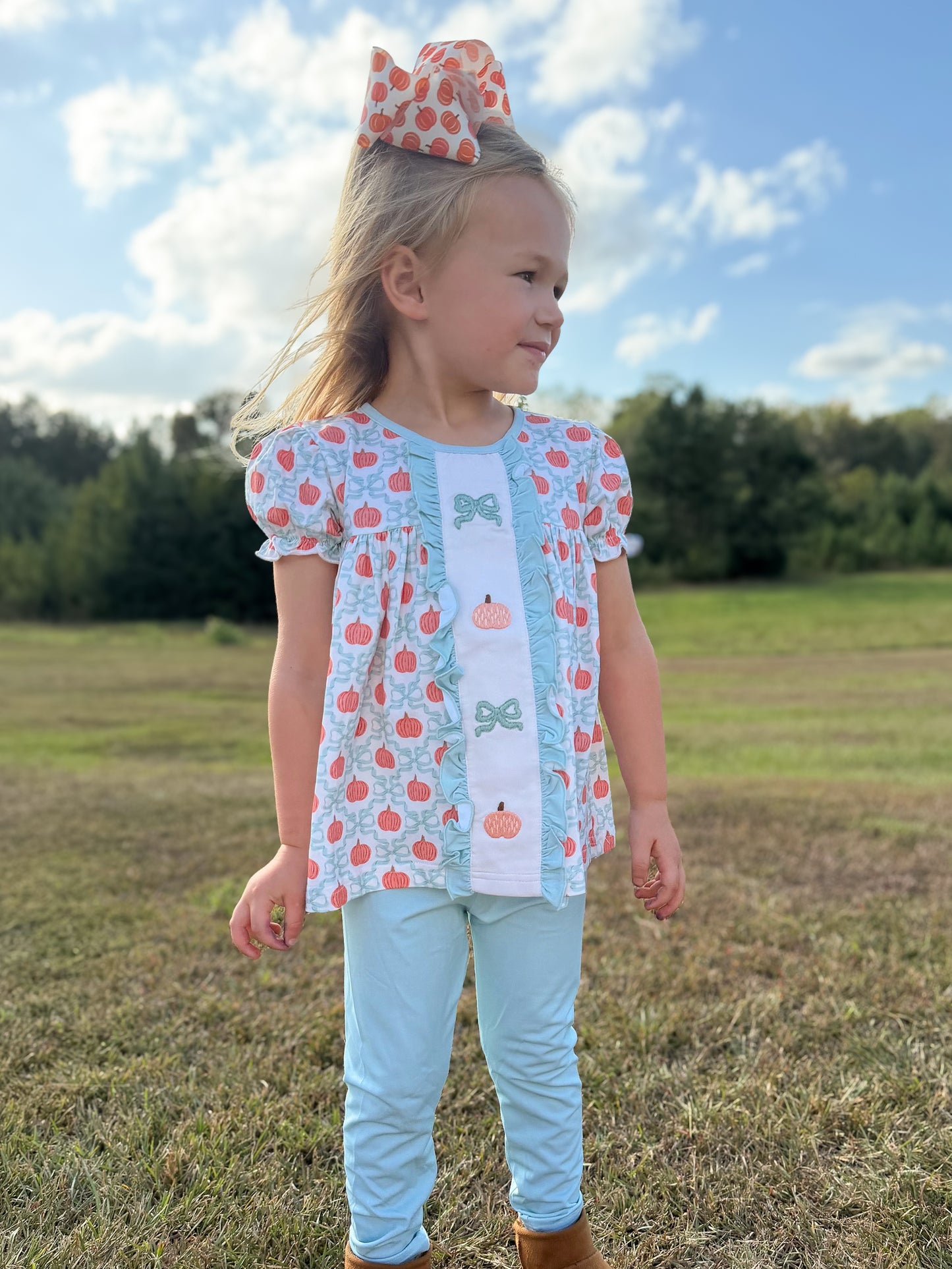 RTS - Preppy Teal Pumpkins Girl Pant Set