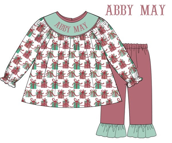 RTS - Preppy Presents Name Smocks Girl Pant Set - NO MONOGRAM