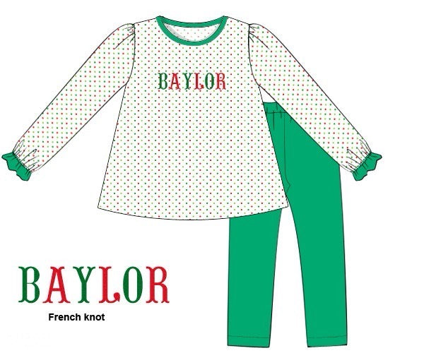 RTS - Holiday French Knot Names Girl Pant Set - NO MONOGRAM