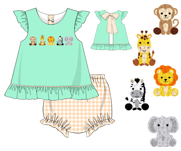 PREORDER 48: SUMMER 1 - French Knot Zoo Animals Girl Diaper Set