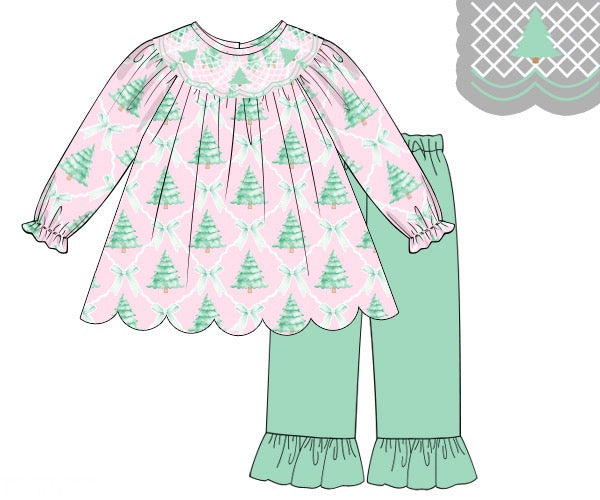 RTS - Christmas Girls Only - Pastel Christmas Trees Girl Pant Set