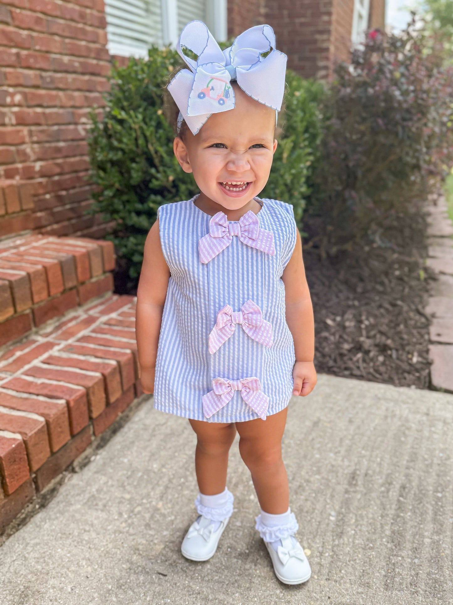 RTS - Seersucker Bows Girl Skirted Bubble