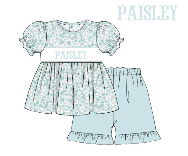 RTS - Paisley Floral Name Smocks Girl Short Set “MAMA’S GIRL”