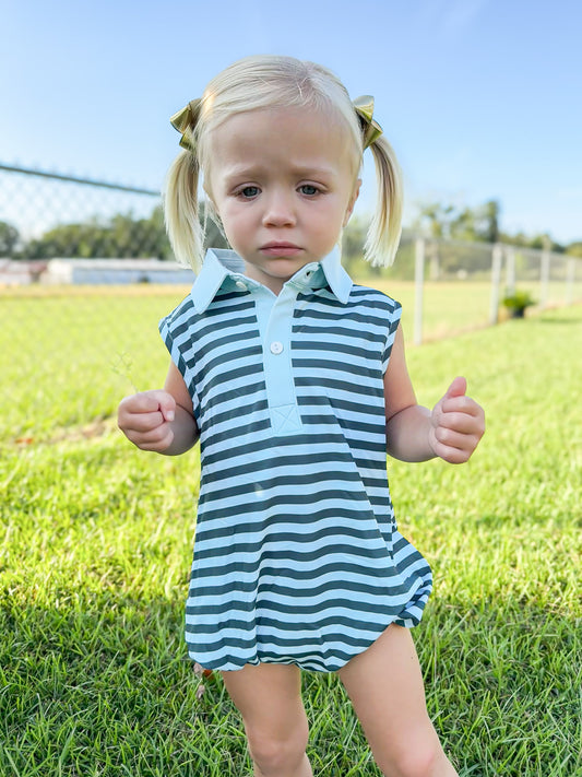 RTS - Back to School Polos Girl Bubble -  Teal Stripes
