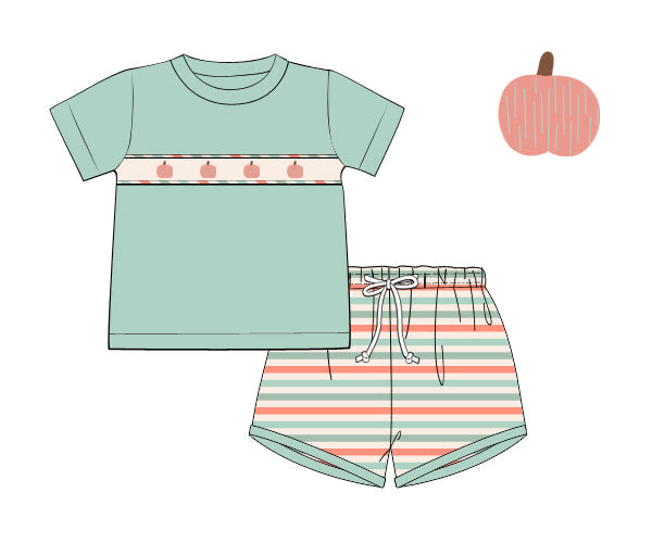 PREORDER 41: FALL PT 2 - Preppy Teal Pumpkins Boy Shortie Set