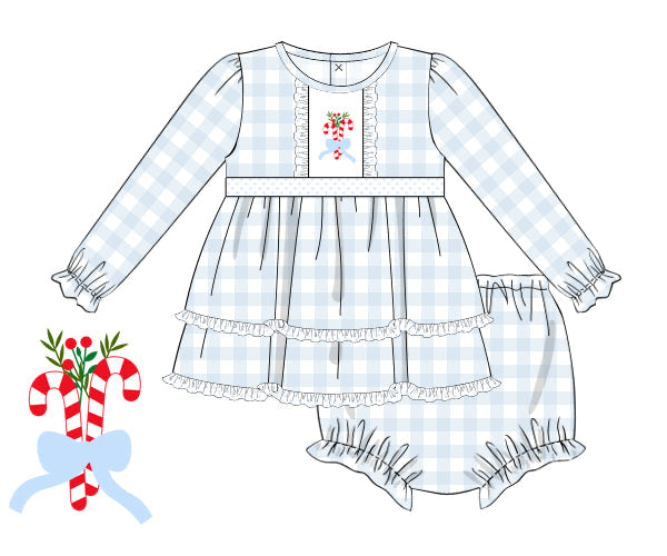 RTS - Blue Gingham Candy Canes Girl Diaper Set