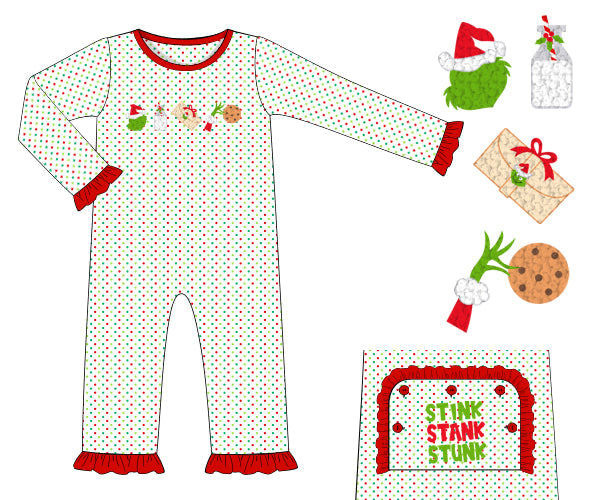 RTS - French Knot Green One PJs Girl Onesie