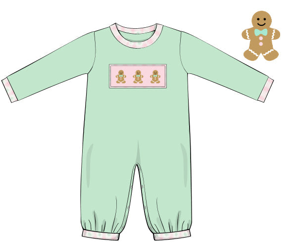 PREORDER 56: CHRISTMAS 2 - Smocked Mint Gingerbread Boy Longall