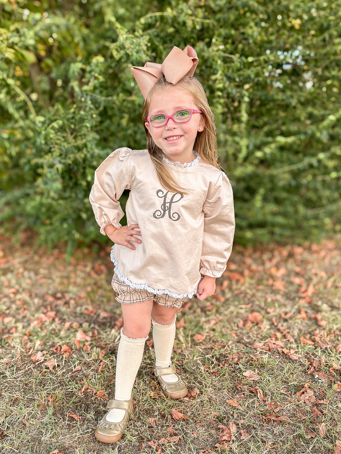 RTS - Khaki Plaid Girl Bubble Short Set -NO MONOGRAM