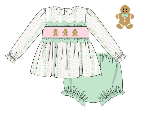 PREORDER 56: CHRISTMAS 2 - Smocked Mint Gingerbread Girl Diaper Set