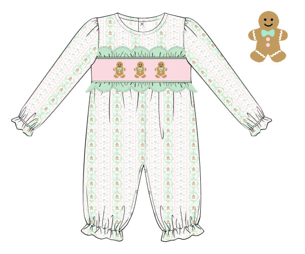 PREORDER 56: CHRISTMAS 2 - Smocked Mint Gingerbread Girl Longall