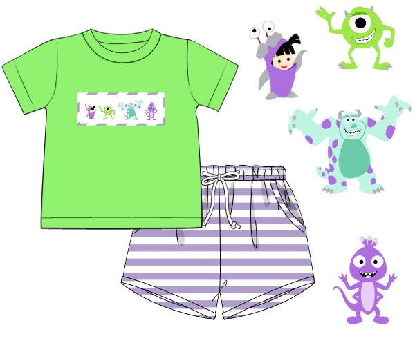 PREORDER 45: RERUNS - Smocked Monsters Boy Shortie Set