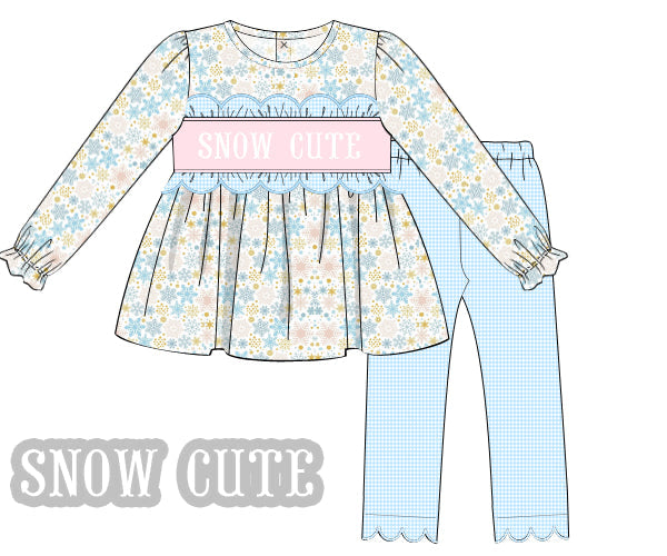 RTS - Pastel Snowflakes Girl Pant Set - “SNOW CUTE”