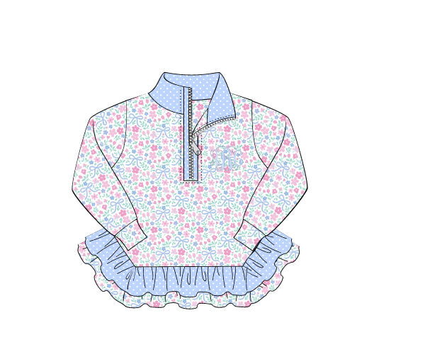 PREORDER 57: WINTER - Winter Shirt Only - Blue Bows & Floral Quarter Zip