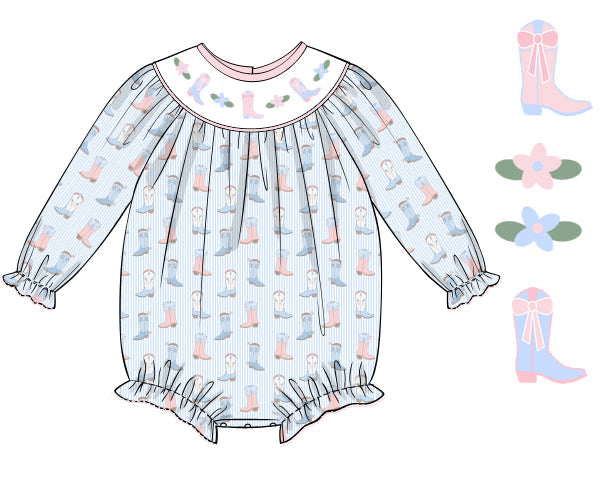PREORDER 57: WINTER - Smocked Boots of Blue Girl Bubble