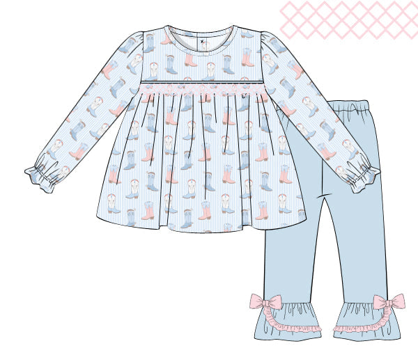 PREORDER 57: WINTER - Smocked Boots of Blue Girl Pant Set