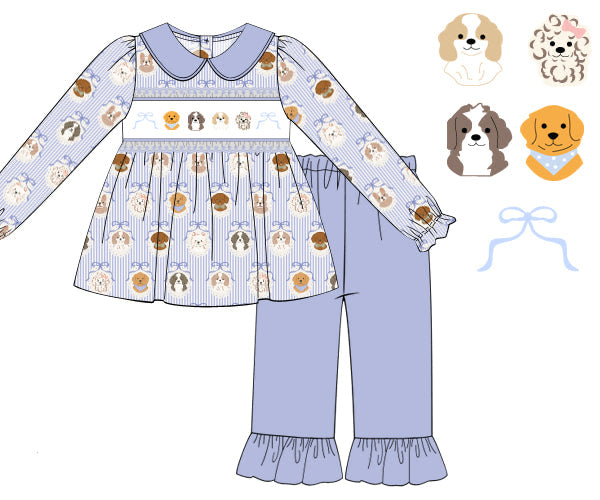 PREORDER 57: WINTER - Smocked Winter Pups Girl Pant Set