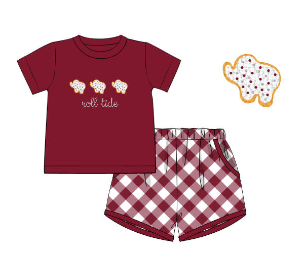RTS - COLLEGIATE - Gameday Animal Crackers Boy Shortie Set - Crimson/White. Monogrammed - “ROLL TIDE”