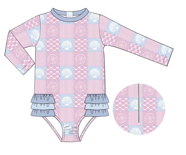 PREORDER 60: SPRING PT 1 - Seaside Shell Patchwork Girl 1pc Rashguard