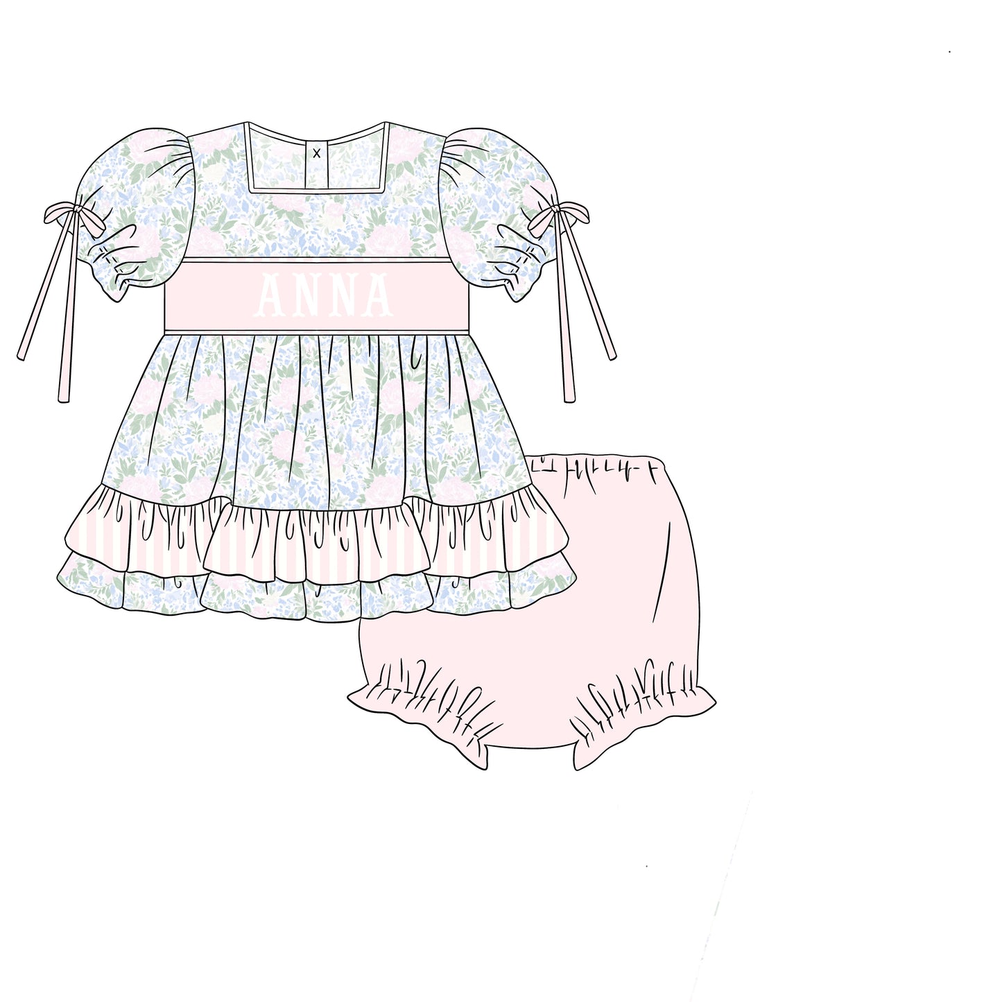 PREORDER 59: TTS - Petals & Pinstripes Name Smocks Girl Diaper Set