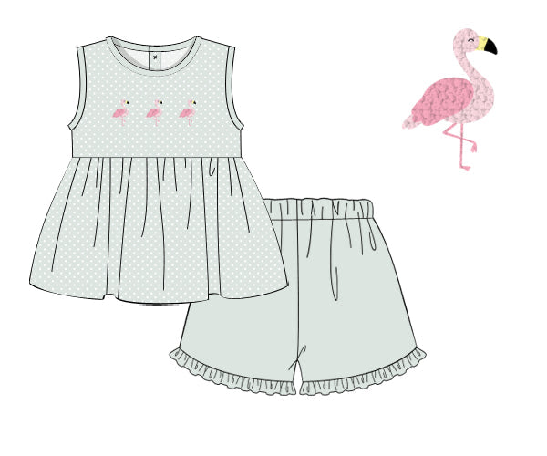 PREORDER 48: SUMMER 1 - Summer 1 Girls Only - French Knot Flamingos Girl Short Set