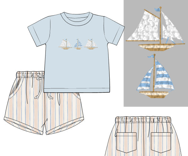 PREORDER 60: SPRING PT 1 - Blue Sailboats Boy Shortie Set