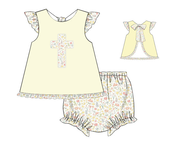 PREORDER 60: SPRING PT 1 - Applique Floral & Plaid Cross Girl Diaper Set
