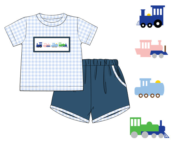 PREORDER 61: SPRING 2 - Spring 2 Boys Only - Smocked Trains Boy Shortie Set