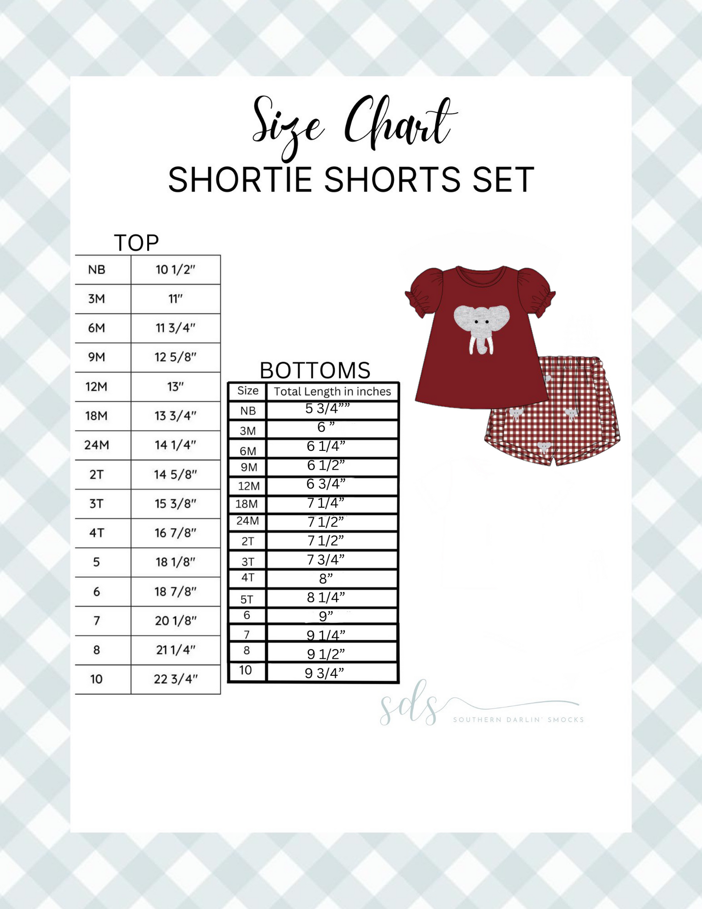GIRL SHORTIE SHORTS SET SIZE CHART