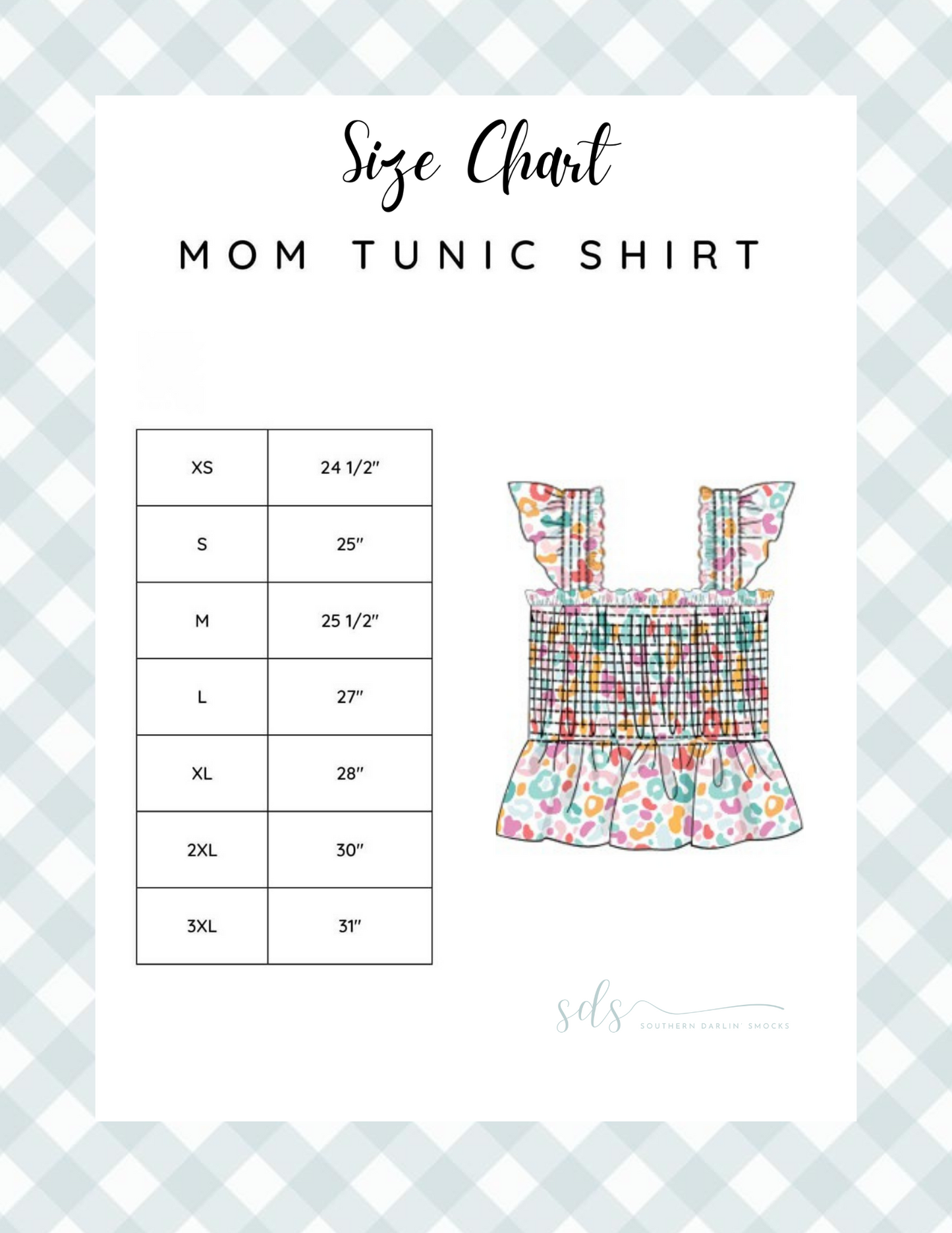 MOM TUNIC SHIRT SIZE CHART