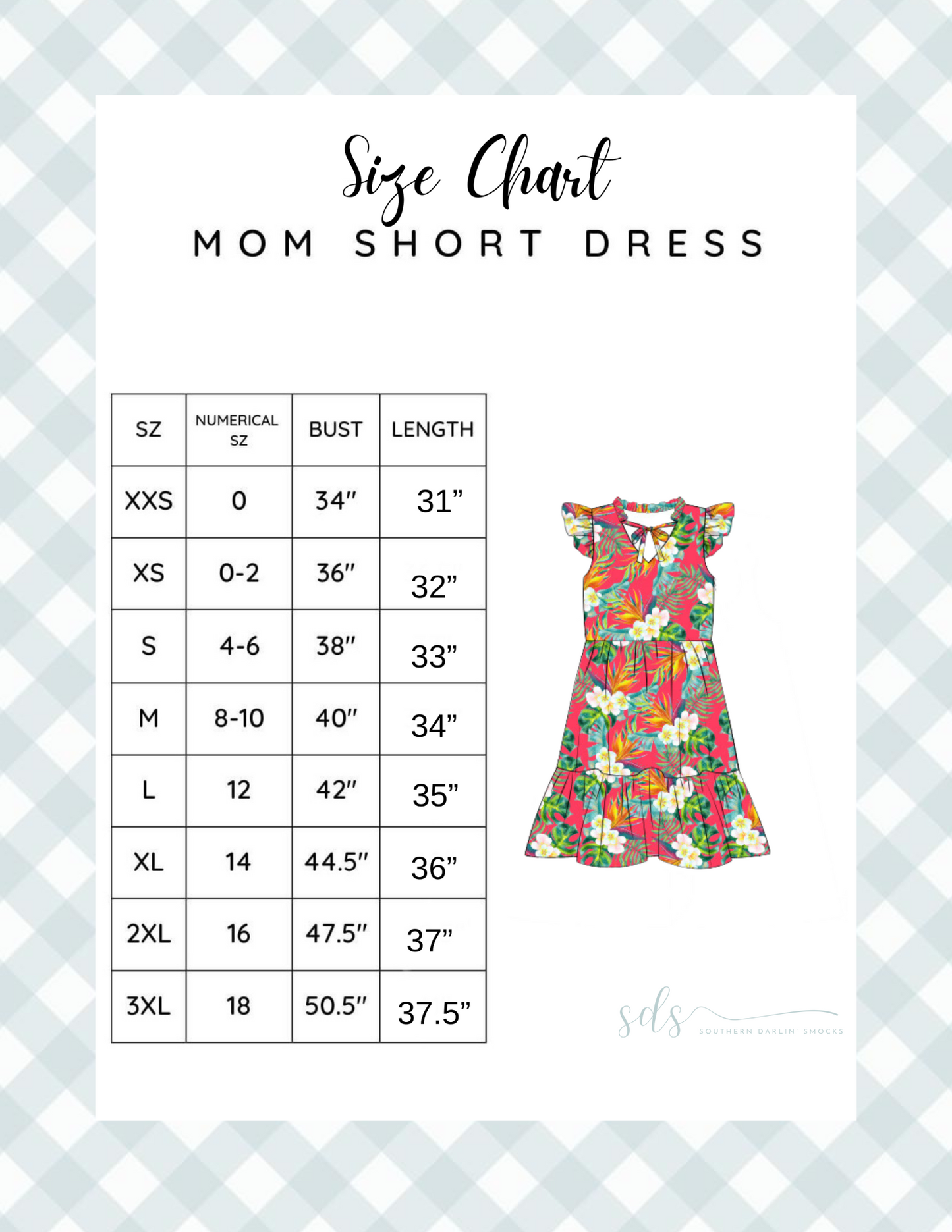 MOM SHORT DRESS SIZE CHART