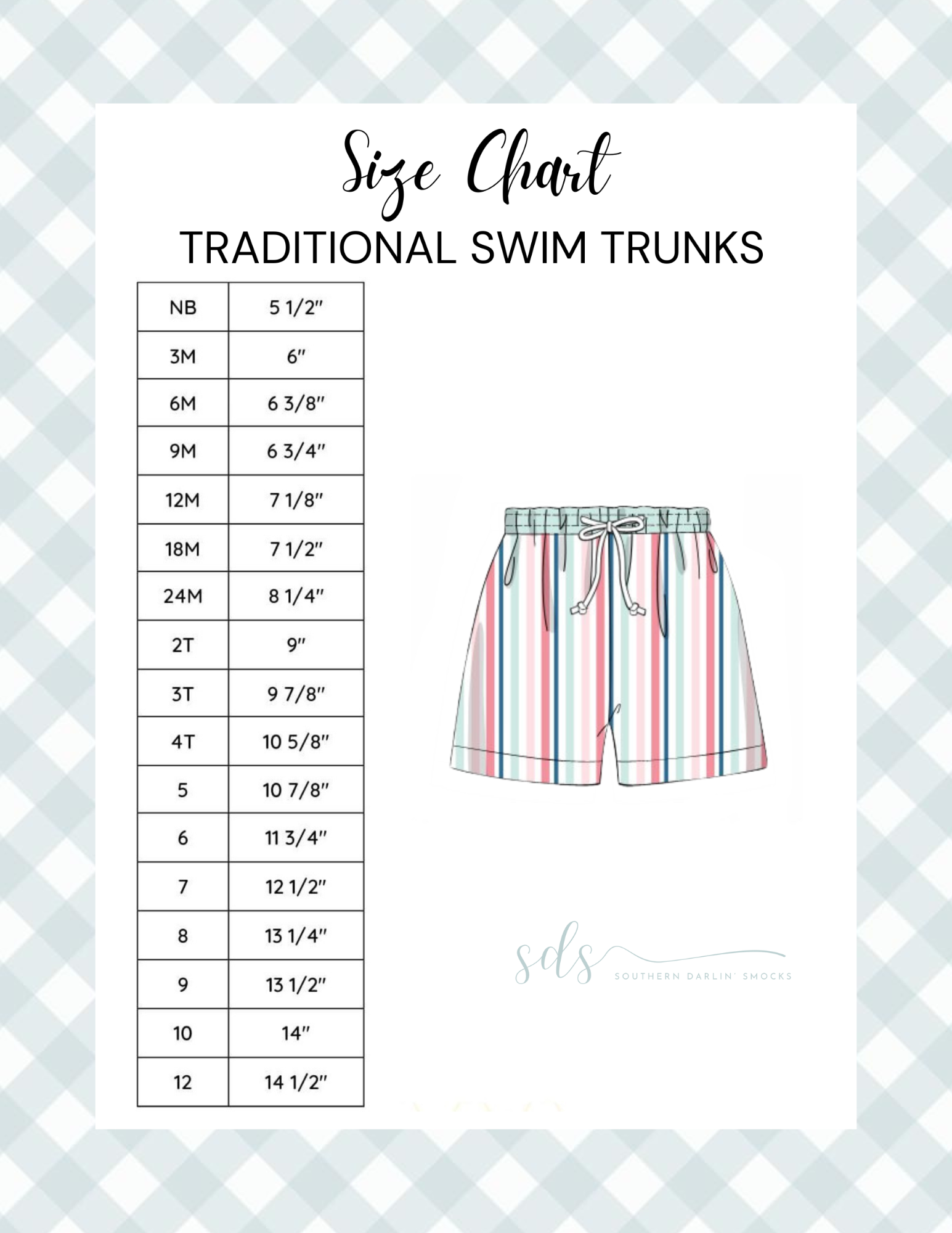 TRADITIONAL SWIM TRUNKS SIZE CHART Southern Darlin’ Smocks, LLC