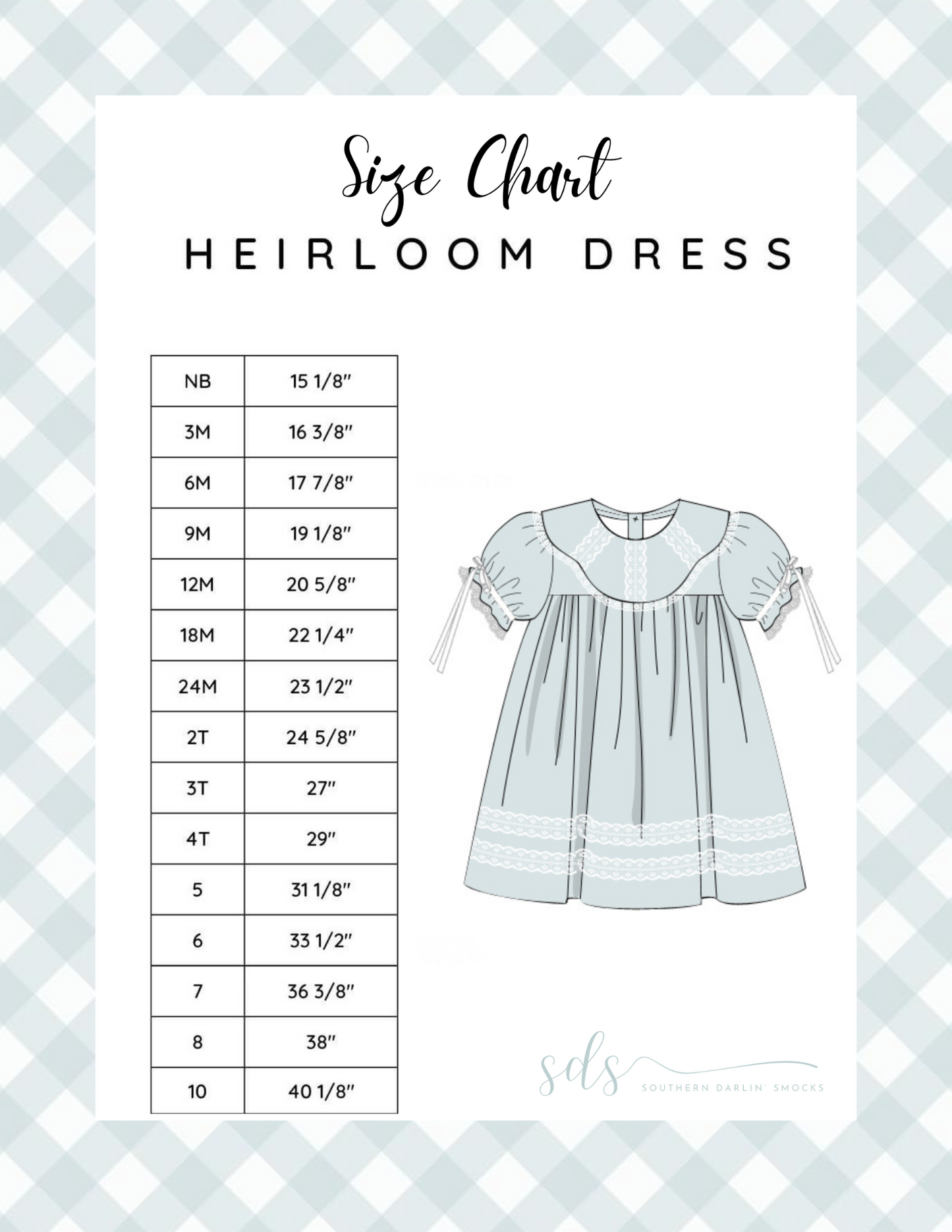 HEIRLOOM DRESS SIZE CHART