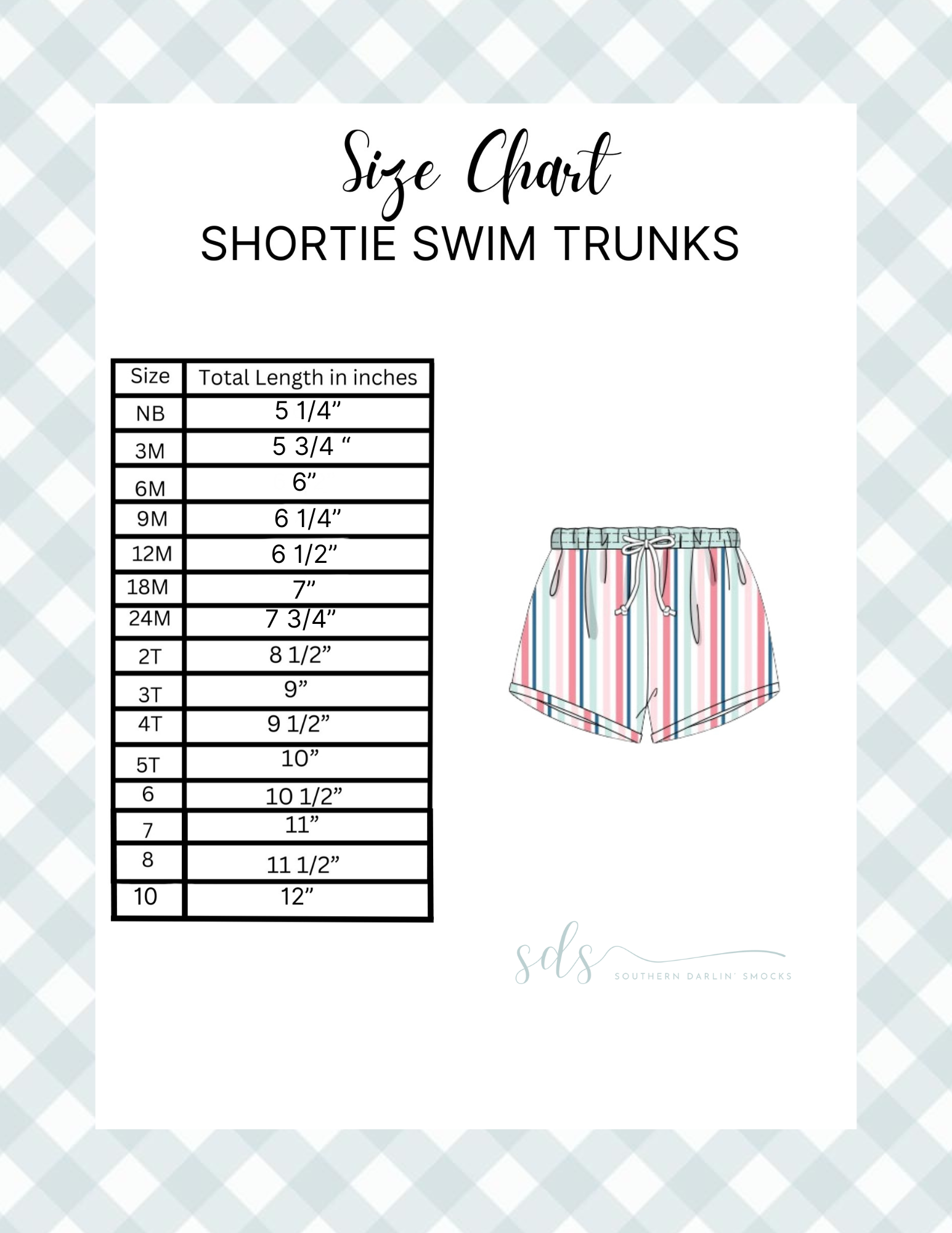 SHORTIE SWIM TRUNKS SIZE CHART Southern Darlin’ Smocks, LLC