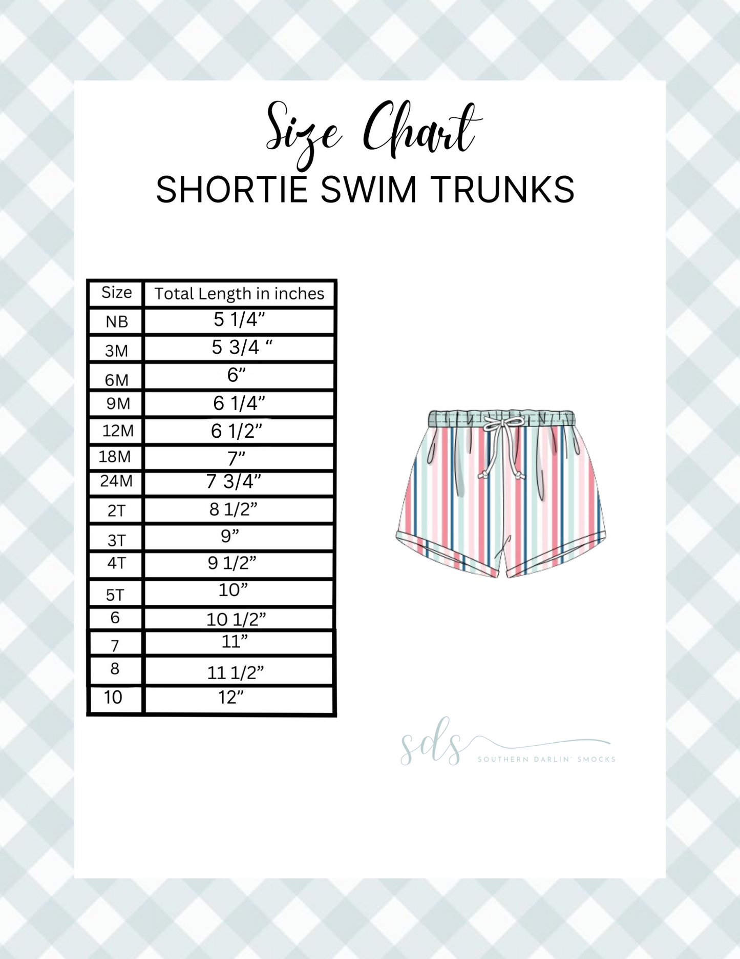 SHORTIE SWIM TRUNKS SIZE CHART