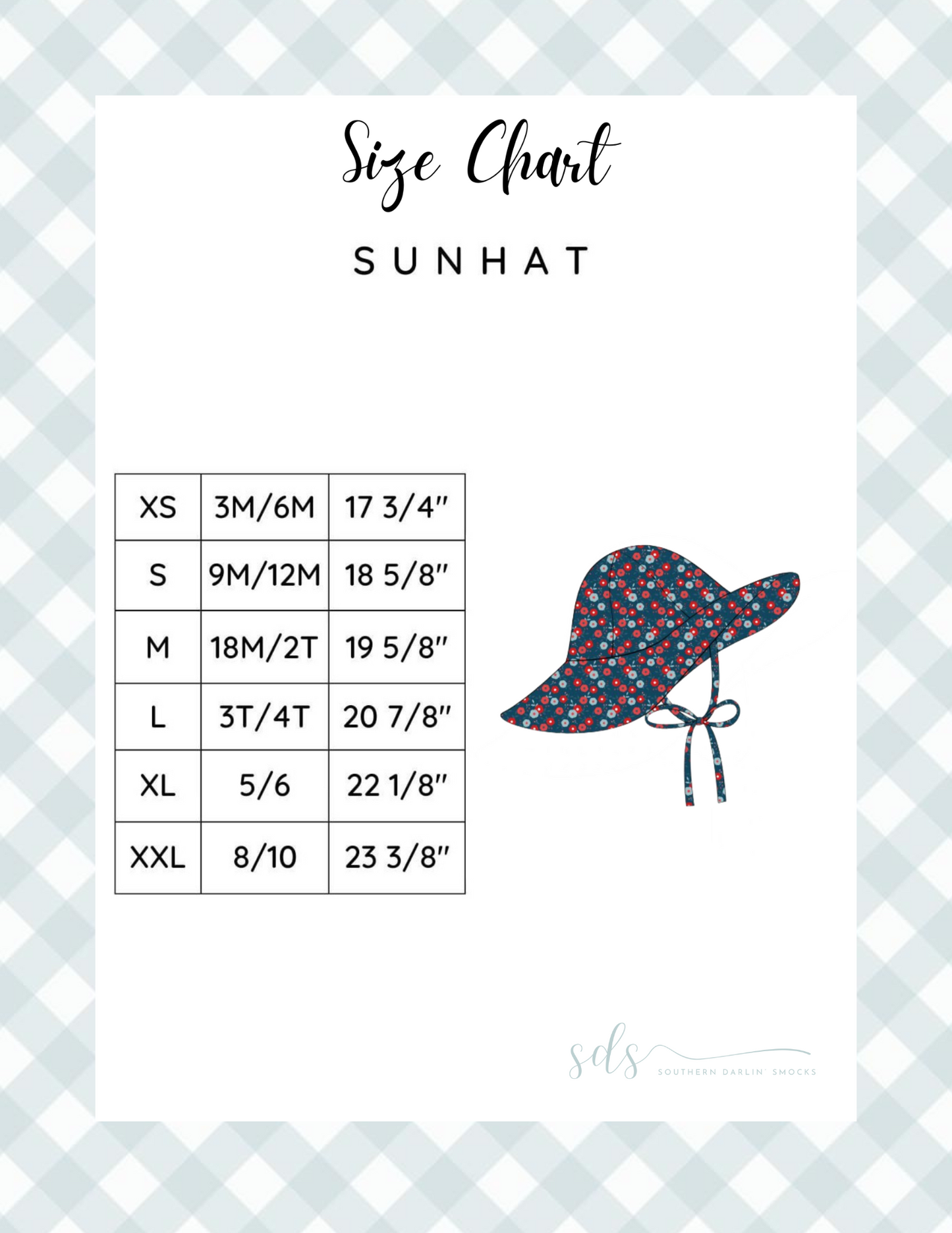 GIRL SUNHAT SIZE CHART
