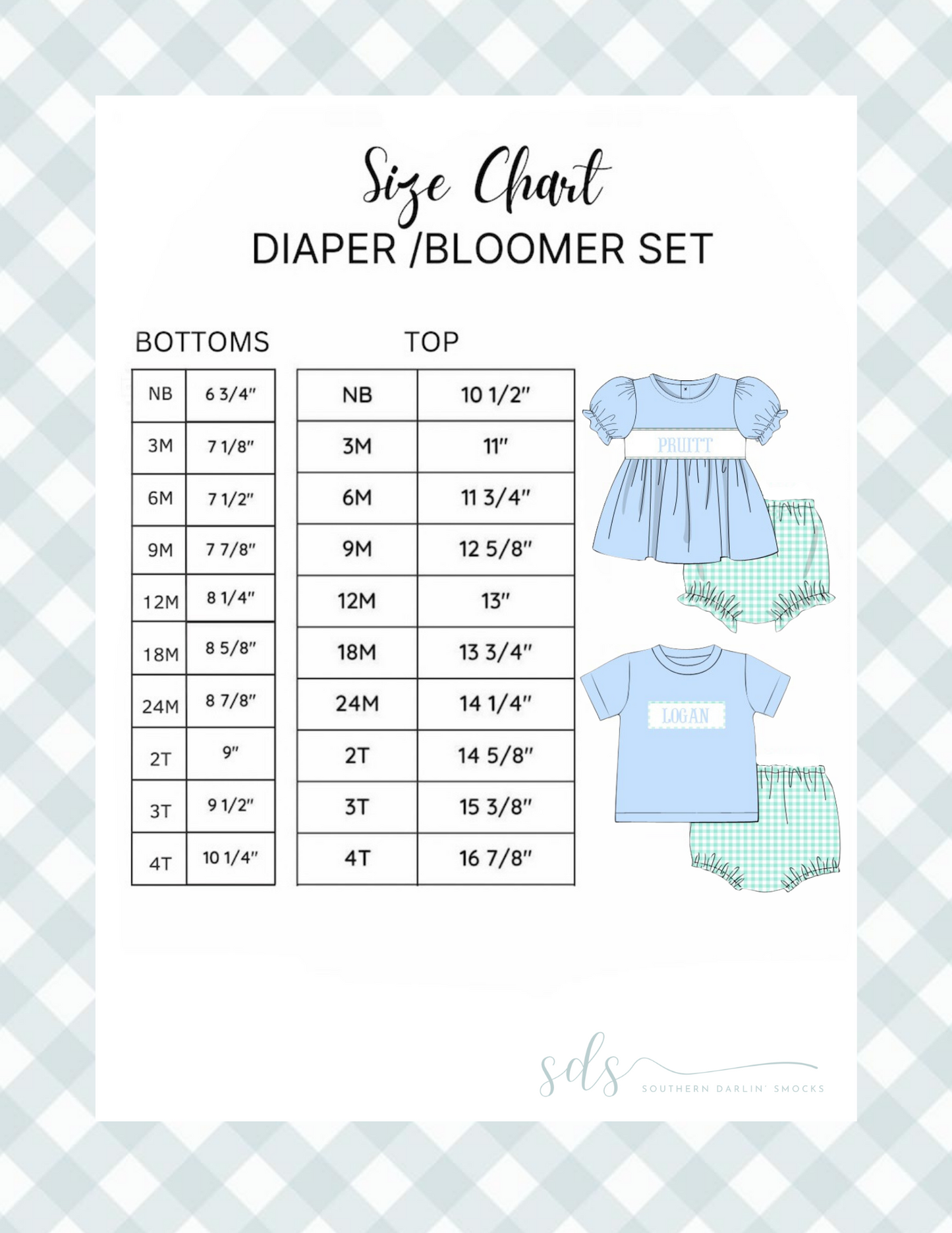 DIAPER/BLOOMER SET SIZE CHART