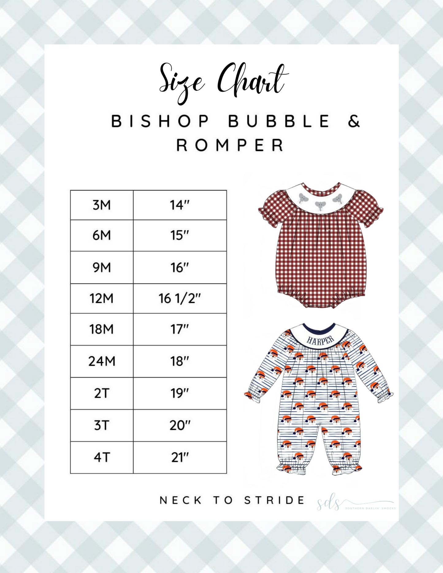 BISHOP BUBBLE & ROMPER SIZE CHART