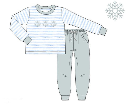 RTS - Striped French Knot Snowflakes Boy Jogger Set