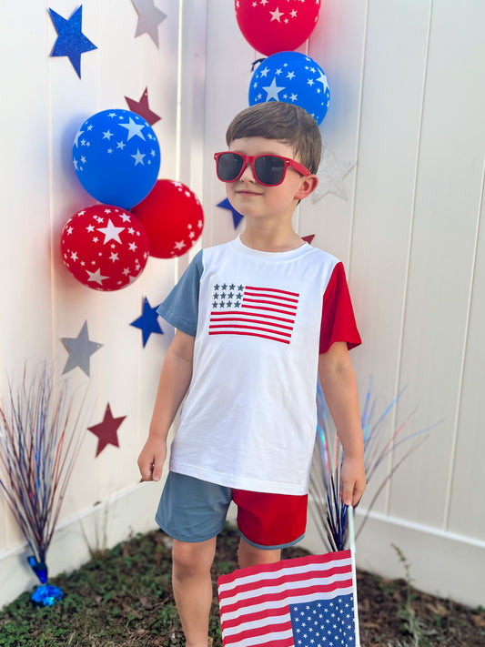 RTS - SUMMER 1 - American Flag Colorblock Boy Shortie Set - NO MONOGRAM